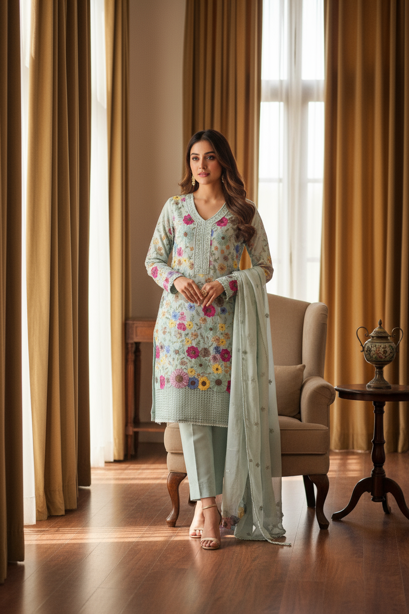 Ethereal organza unstitched suit set