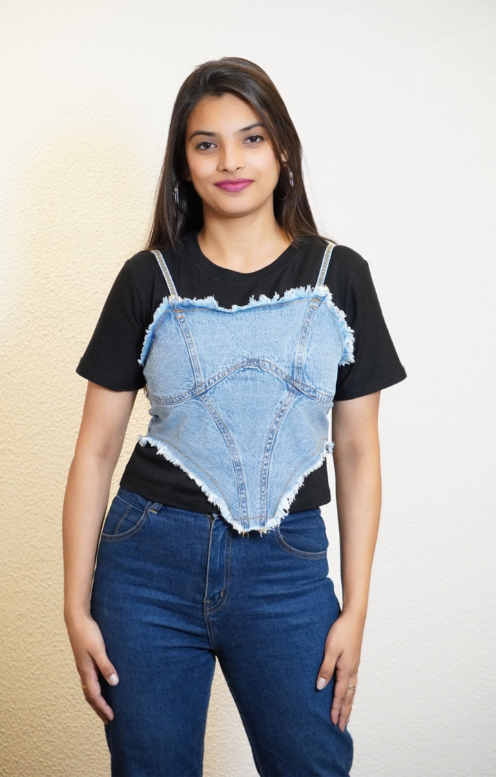 CROP TOP WITH DENIM CORSET (BLACK)