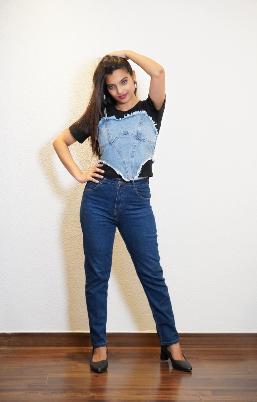 CROP TOP WITH DENIM CORSET (BLACK)