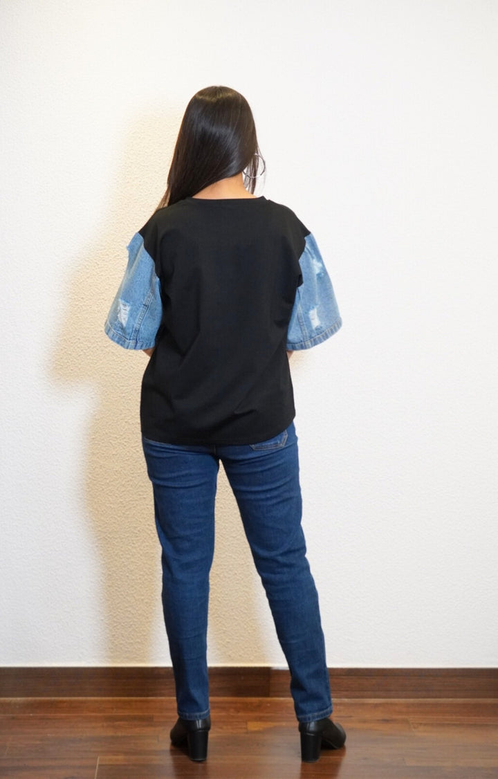 Top with Denim Sleeve By UQ (Black)