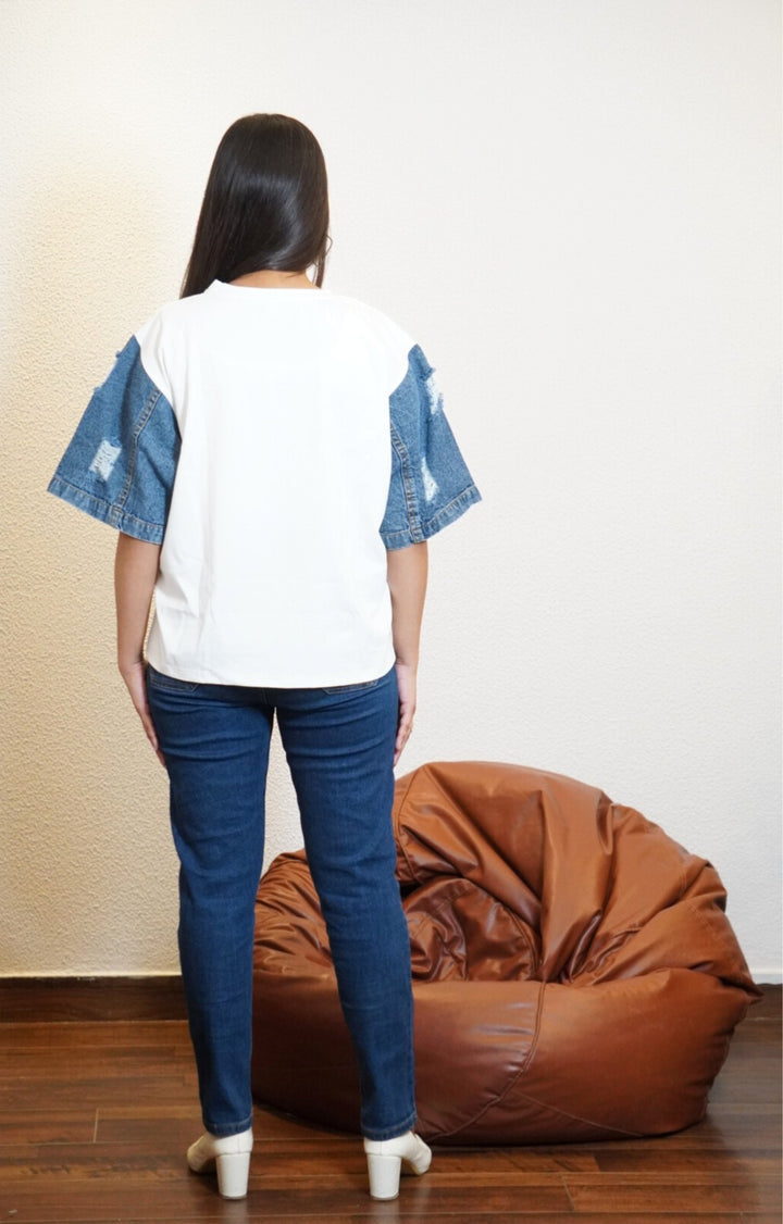 Top with Denim Sleeve By UQ (White)