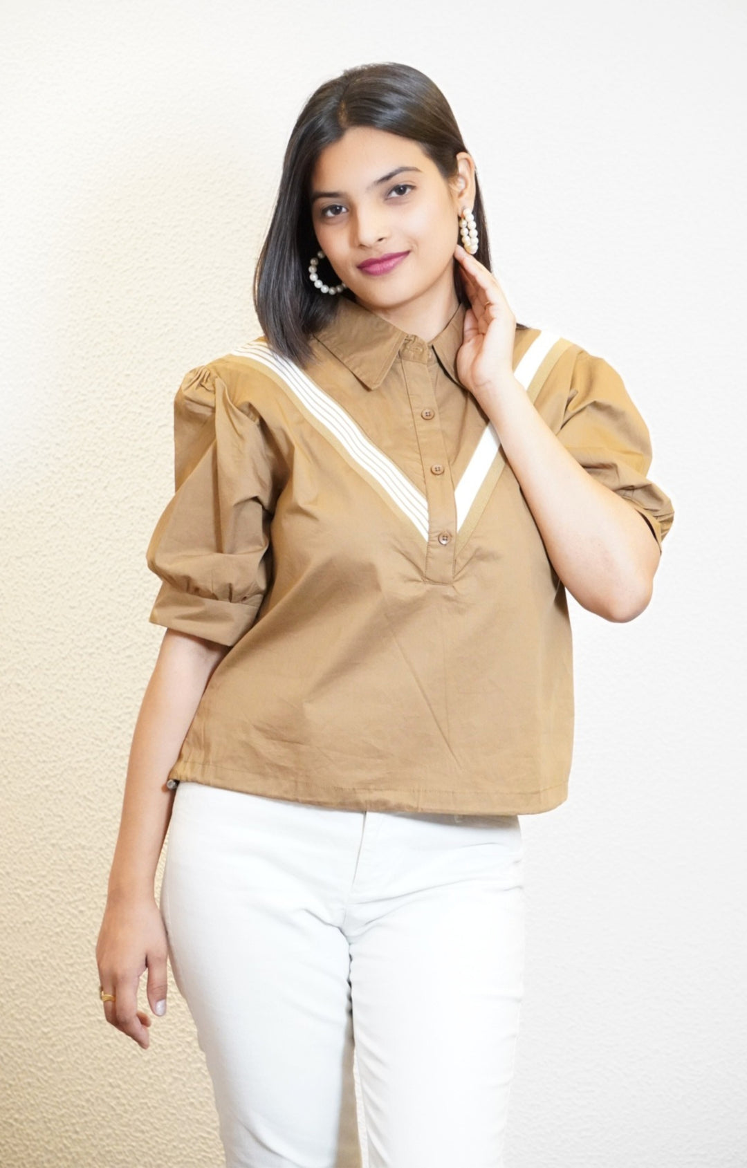 Brown poplin collar top with side draw string