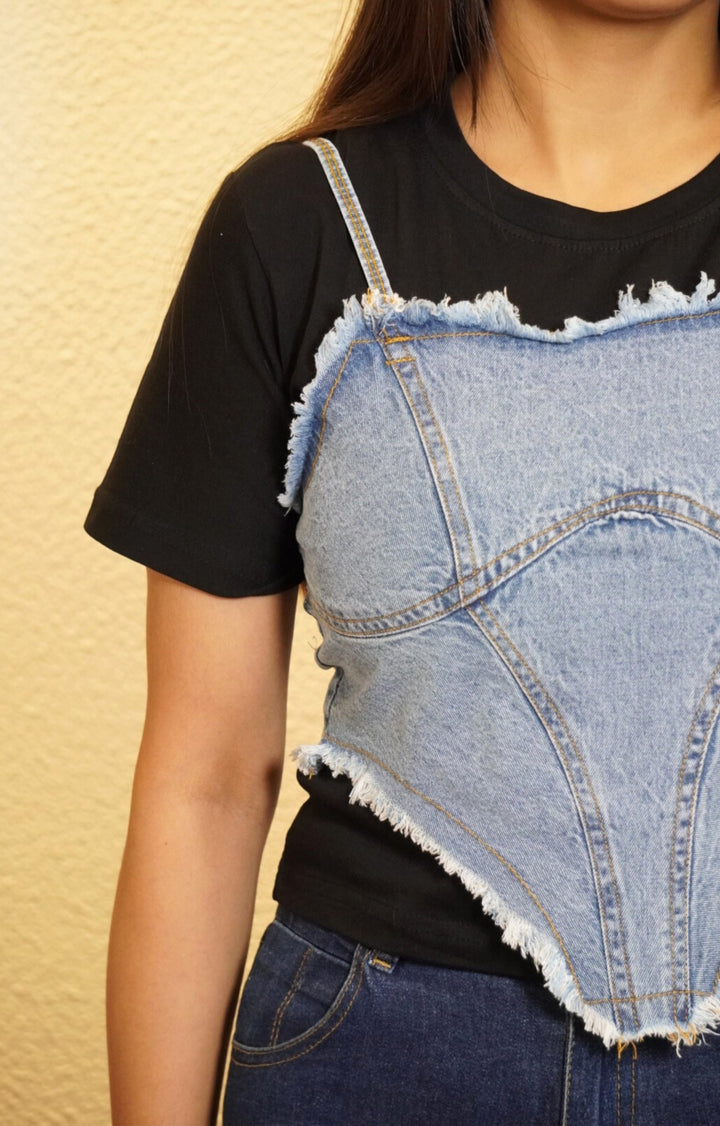 CROP TOP WITH DENIM CORSET (BLACK)