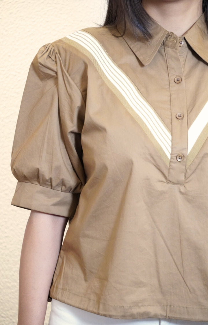 Brown poplin collar top with side draw string