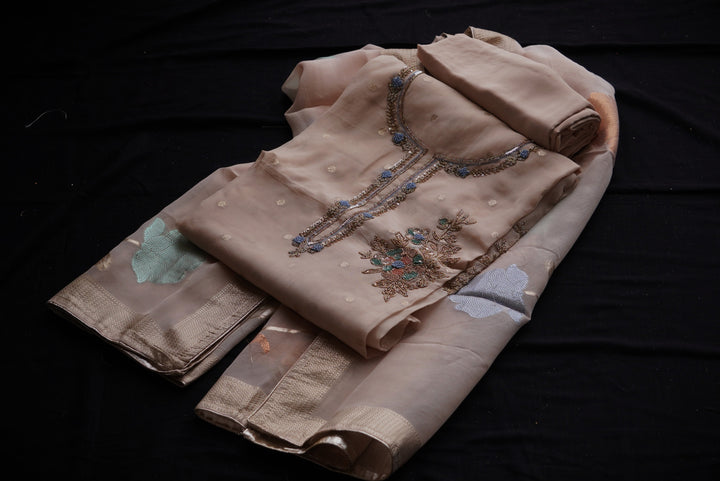 Organza with Floral Bead Embroidery Unstitched Suit Set