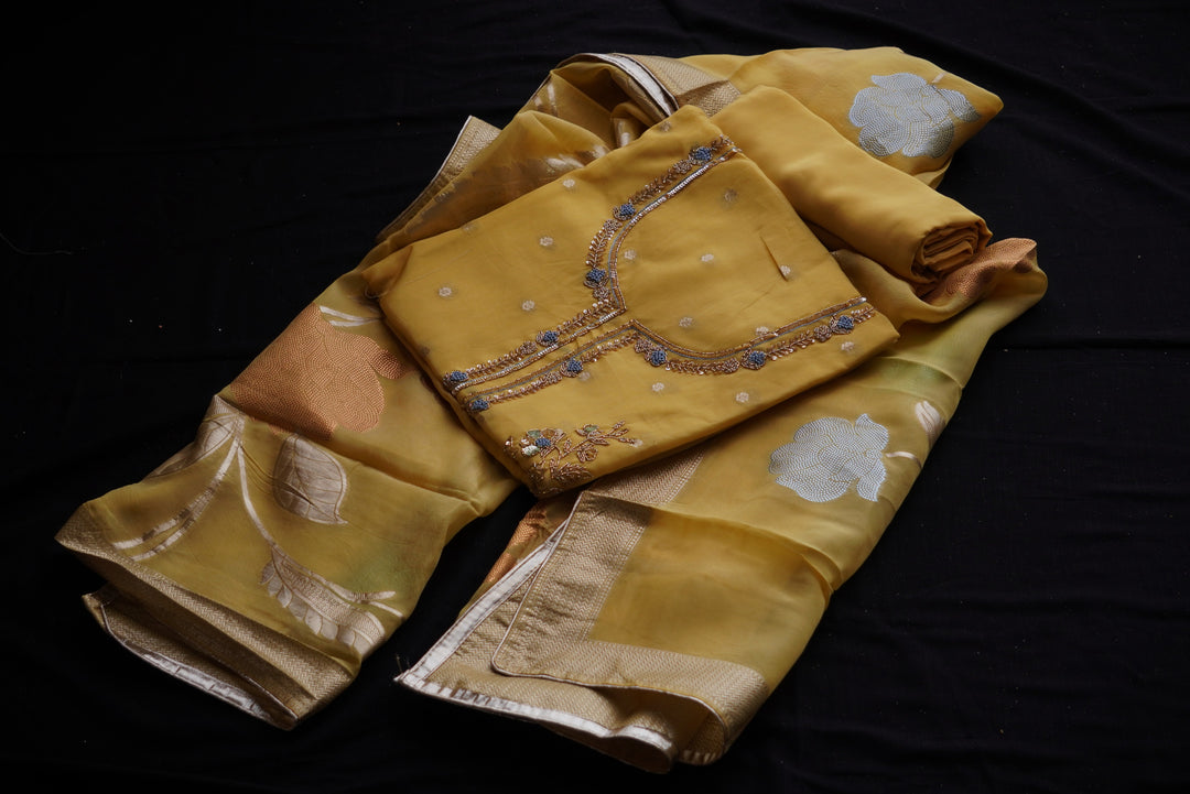 Organza with Floral Bead Embroidery Unstitched Suit Set