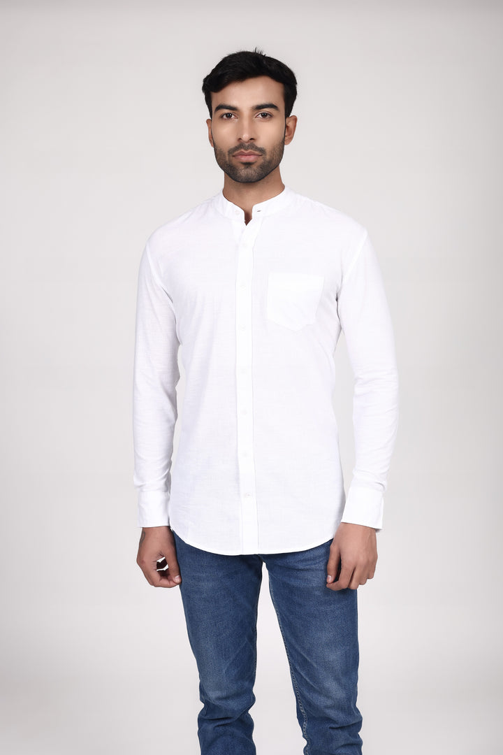 Linen Mandarin Collar Shirt - White