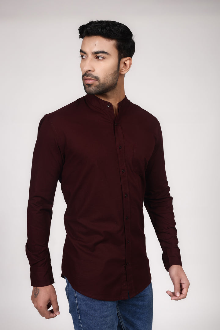 Linen Mandarin Collar Shirt - Burgundy