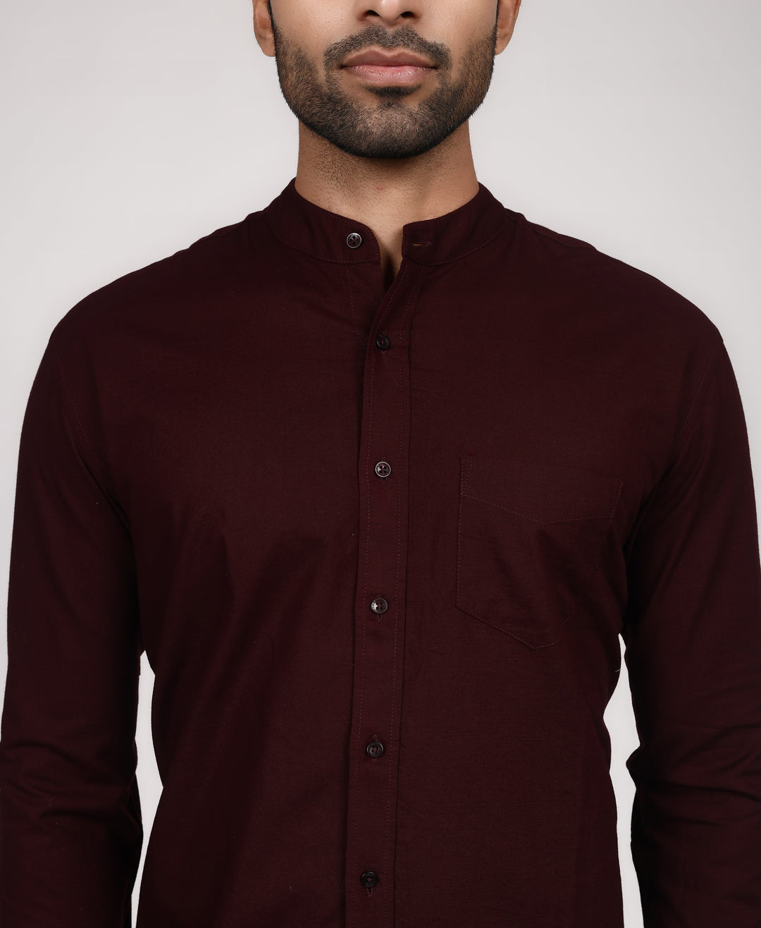 Linen Mandarin Collar Shirt - Burgundy