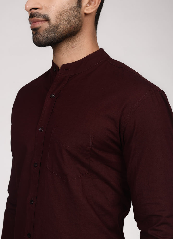 Linen Mandarin Collar Shirt - Burgundy