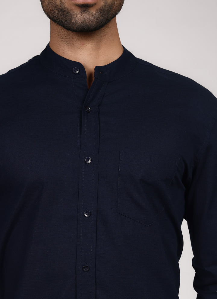 Linen Mandarin Collar Shirt - Navy Blue