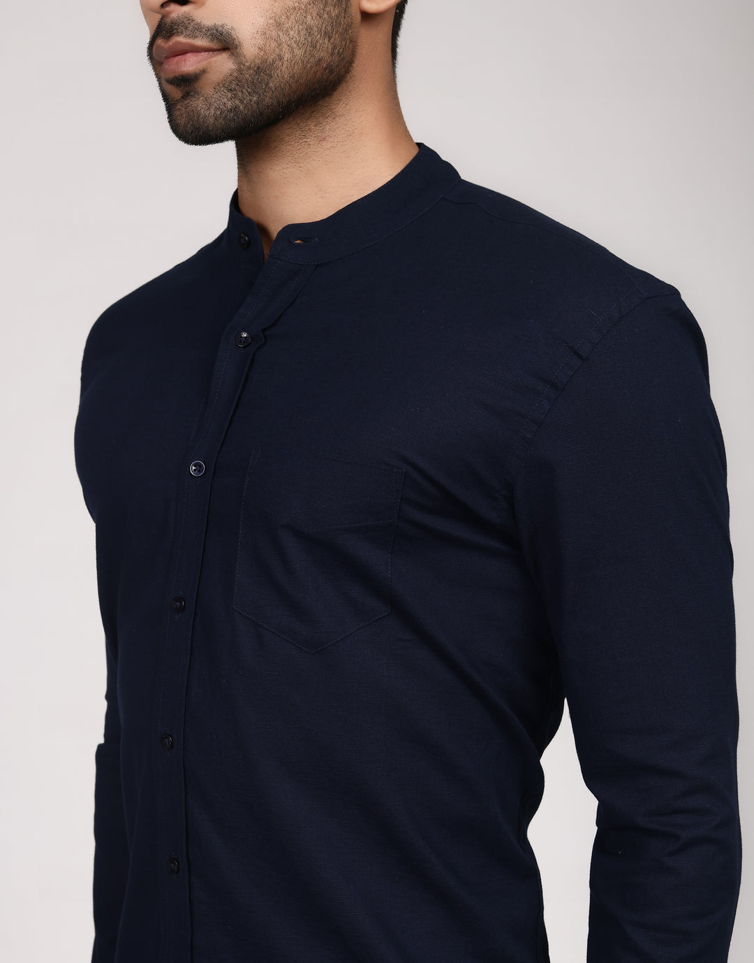 Linen Mandarin Collar Shirt - Navy Blue