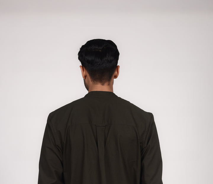 Linen Mandarin Collar Shirt - Forest Green