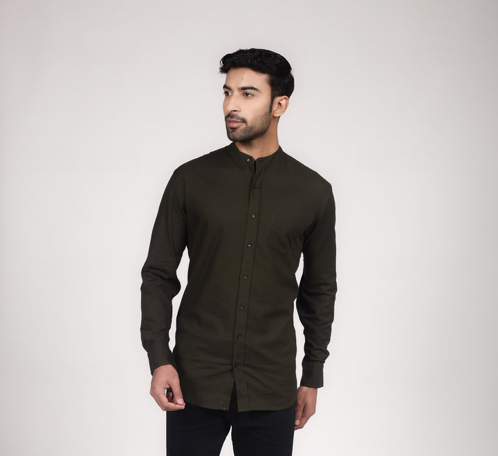 Linen Mandarin Collar Shirt - Forest Green