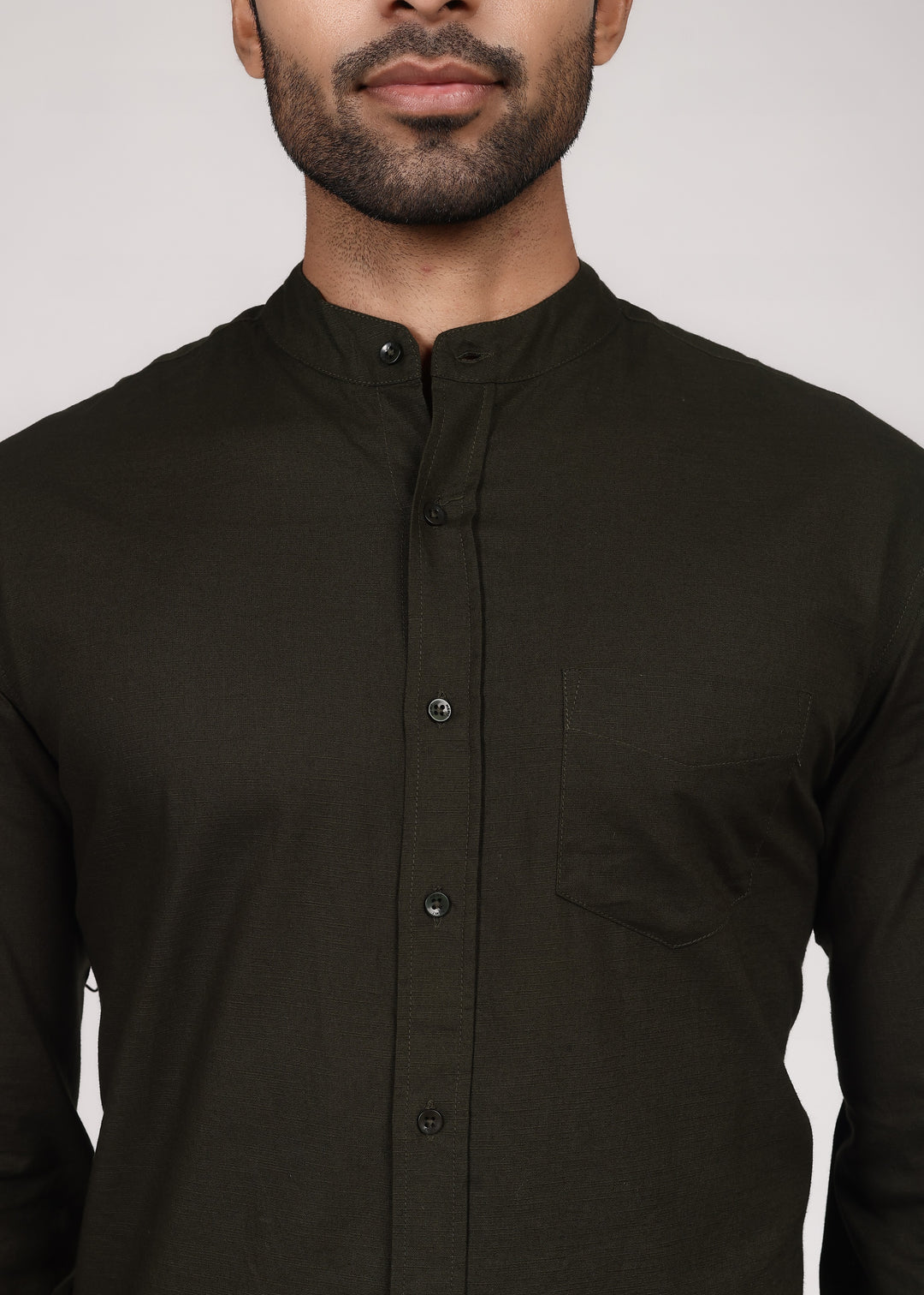 Linen Mandarin Collar Shirt - Forest Green