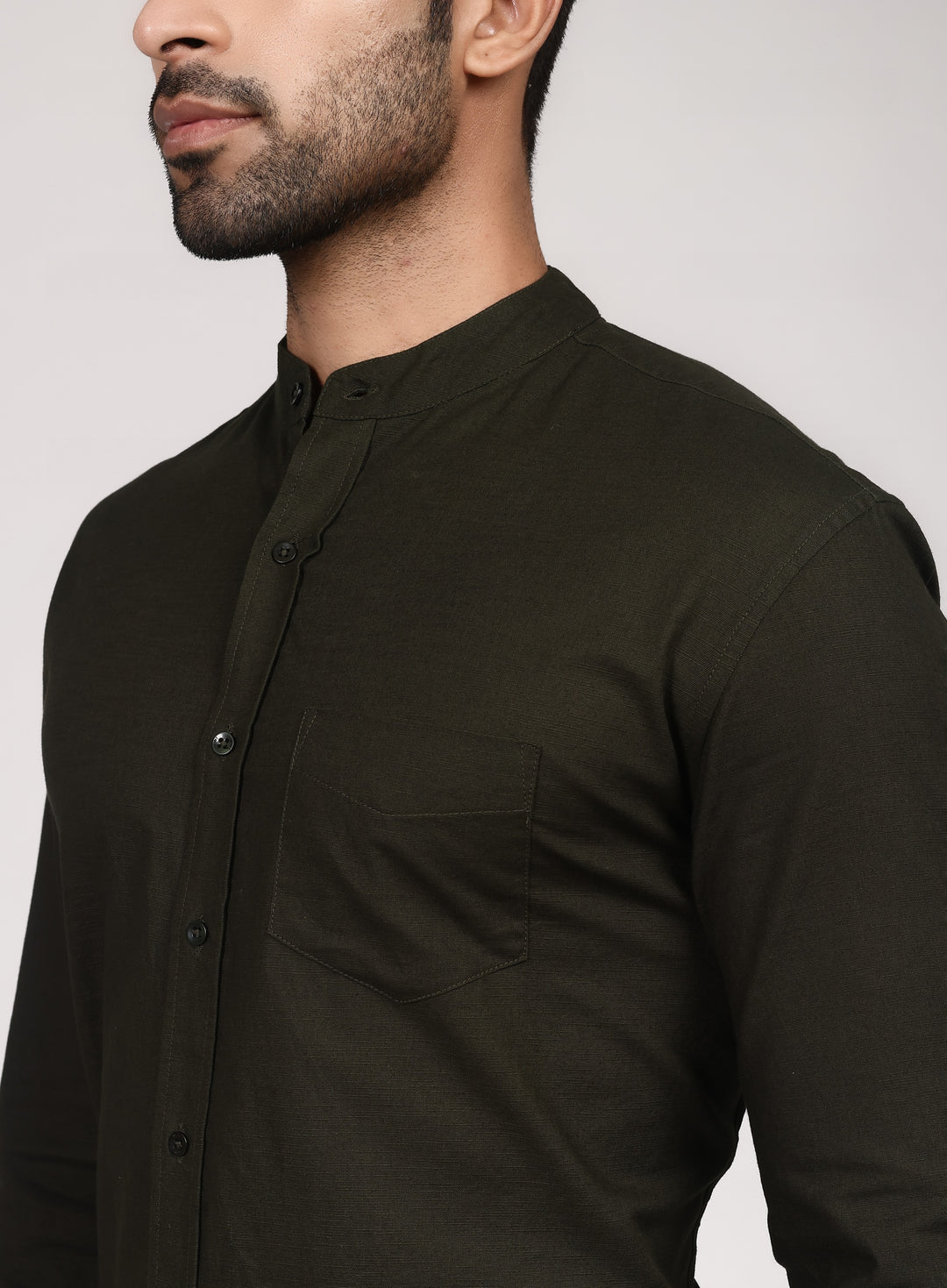 Linen Mandarin Collar Shirt - Forest Green