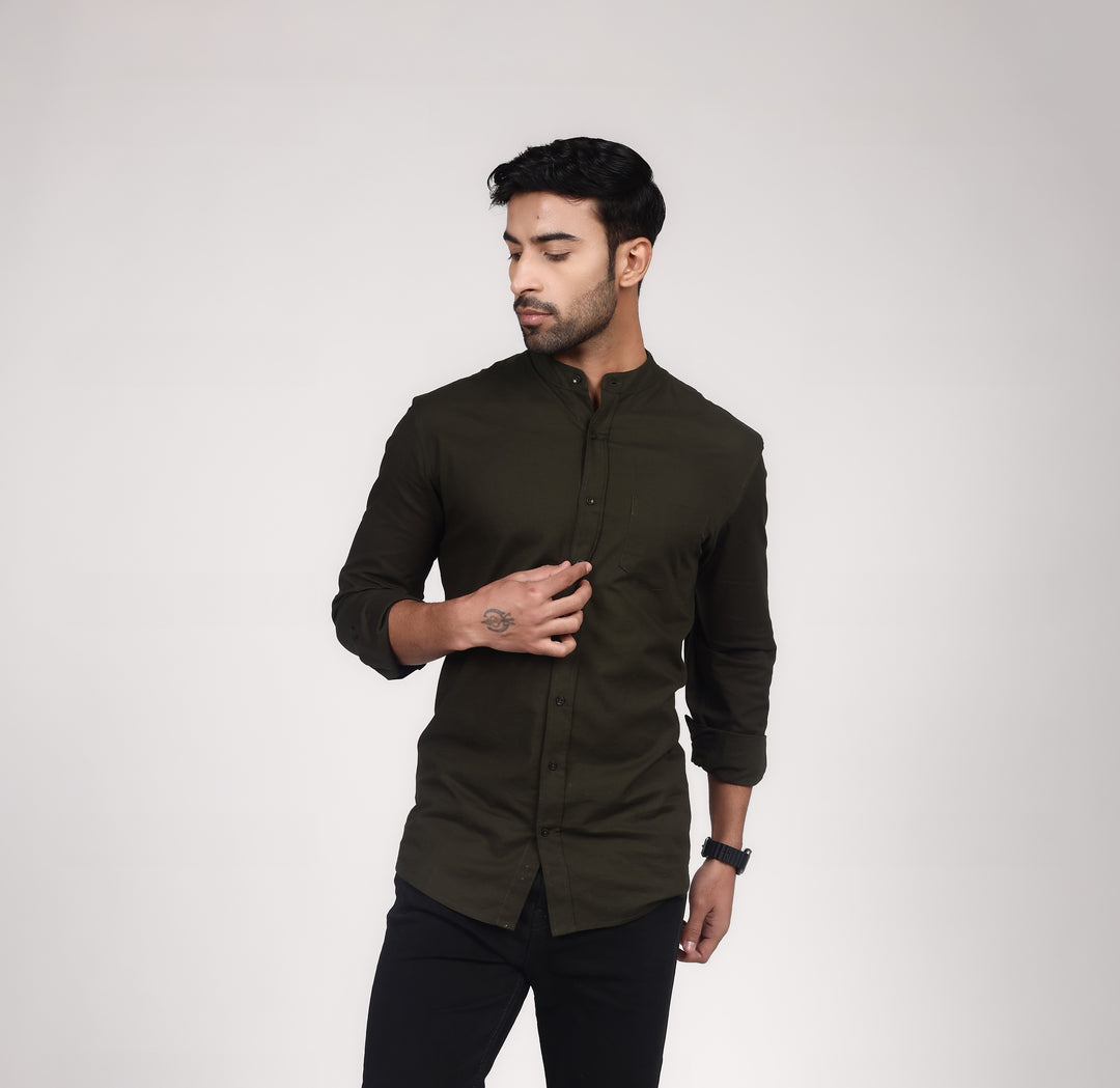 Linen Mandarin Collar Shirt - Forest Green