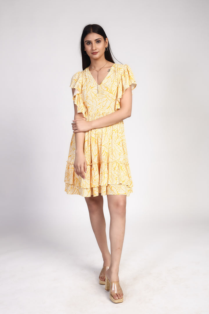 YELLOW LEAF COTTON MINI DRESS