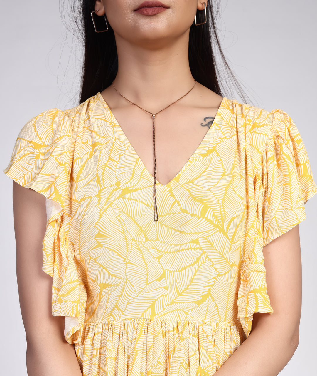 YELLOW LEAF COTTON MINI DRESS