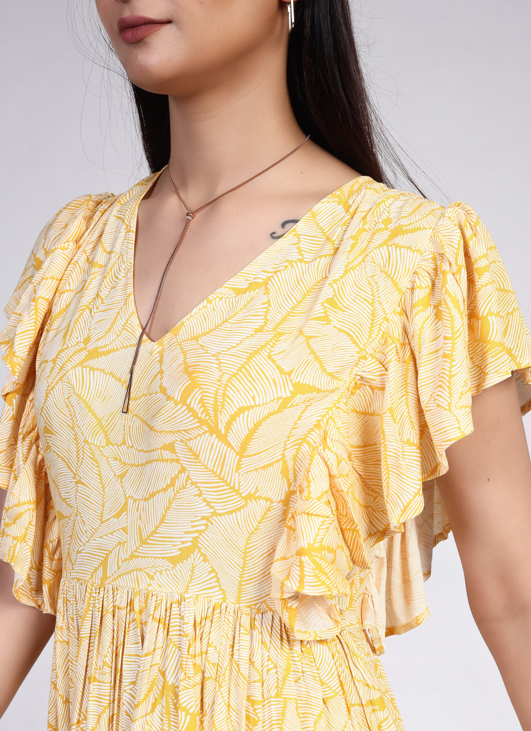 YELLOW LEAF COTTON MINI DRESS