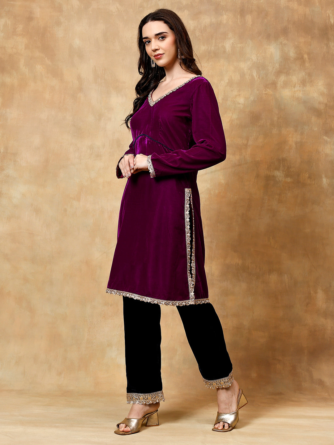 Peacock purple and blue velvet kurta set