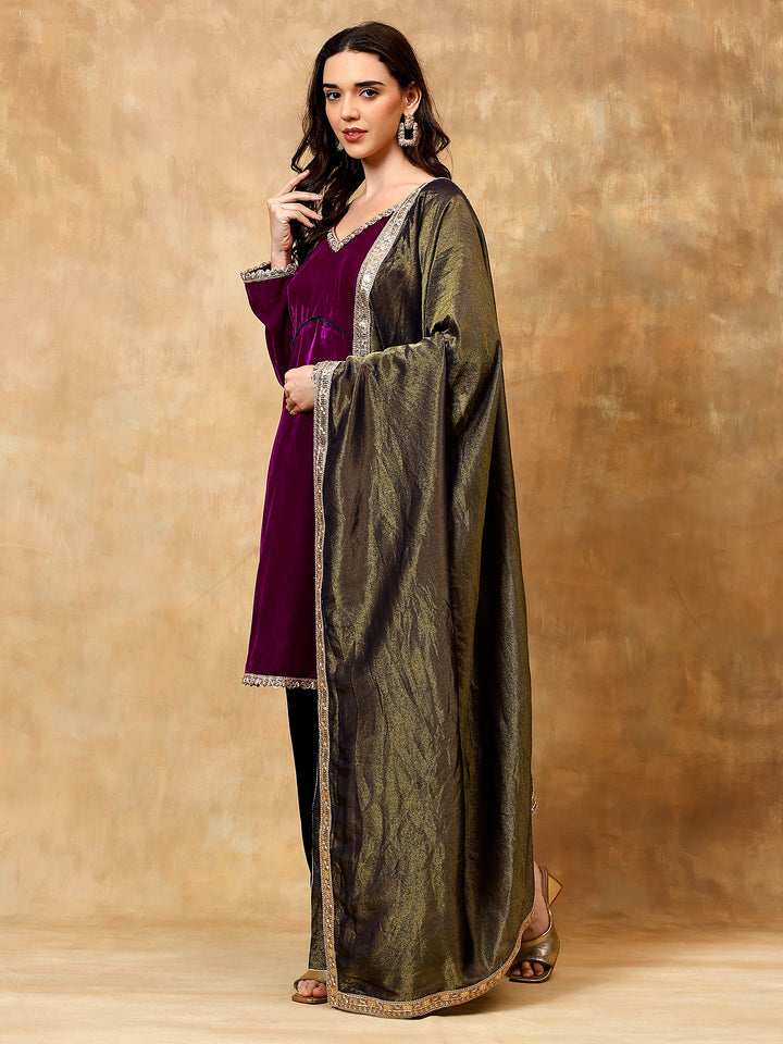 Peacock purple and blue velvet kurta set