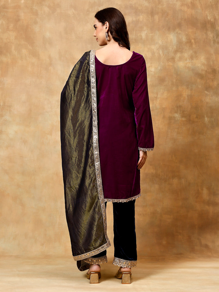 Peacock purple and blue velvet kurta set