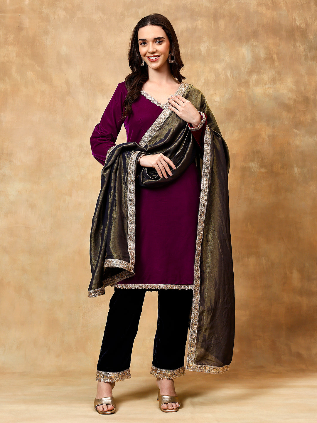 Peacock purple and blue velvet kurta set