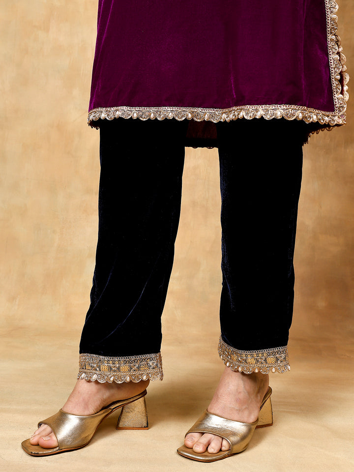 Peacock purple and blue velvet kurta set