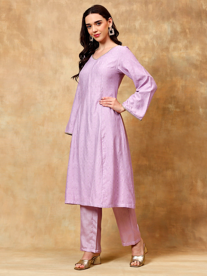 lavender Chanderi Kurta Set, With bell sleeves and comfortable pants.