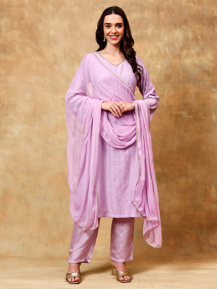 lavender Chanderi Kurta Set, With bell sleeves and comfortable pants.