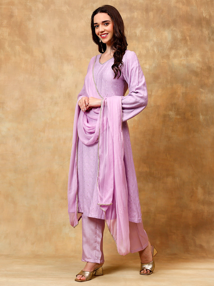 lavender Chanderi Kurta Set, With bell sleeves and comfortable pants.