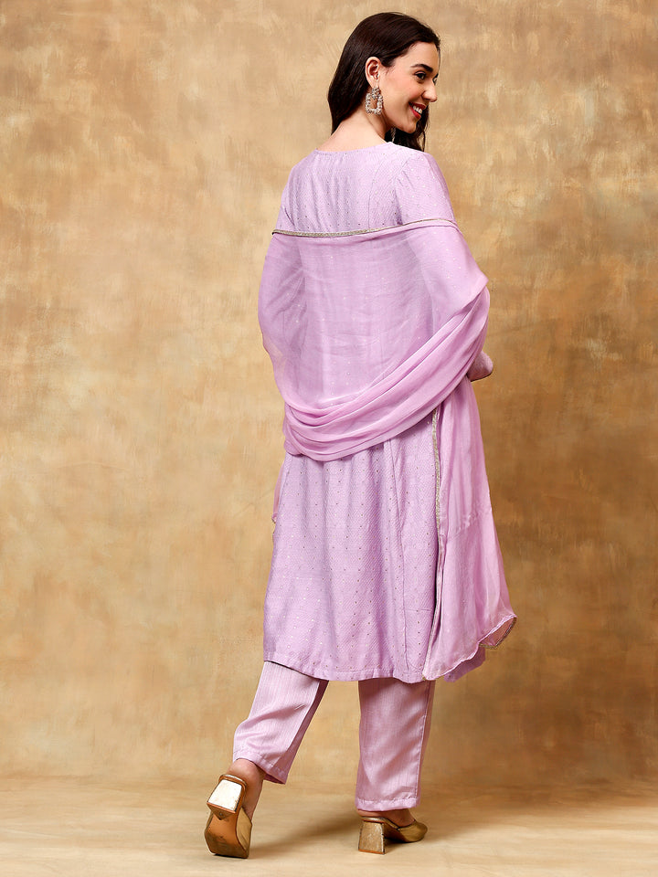 lavender Chanderi Kurta Set, With bell sleeves and comfortable pants.