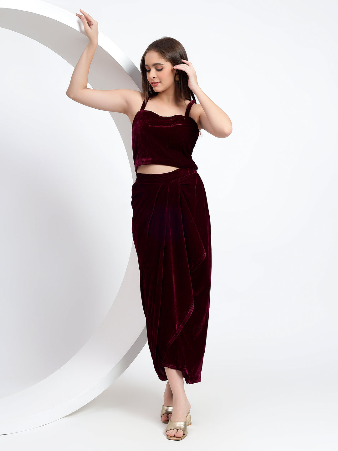 Wine Velvet Drape Skirt with velvet emb cape set