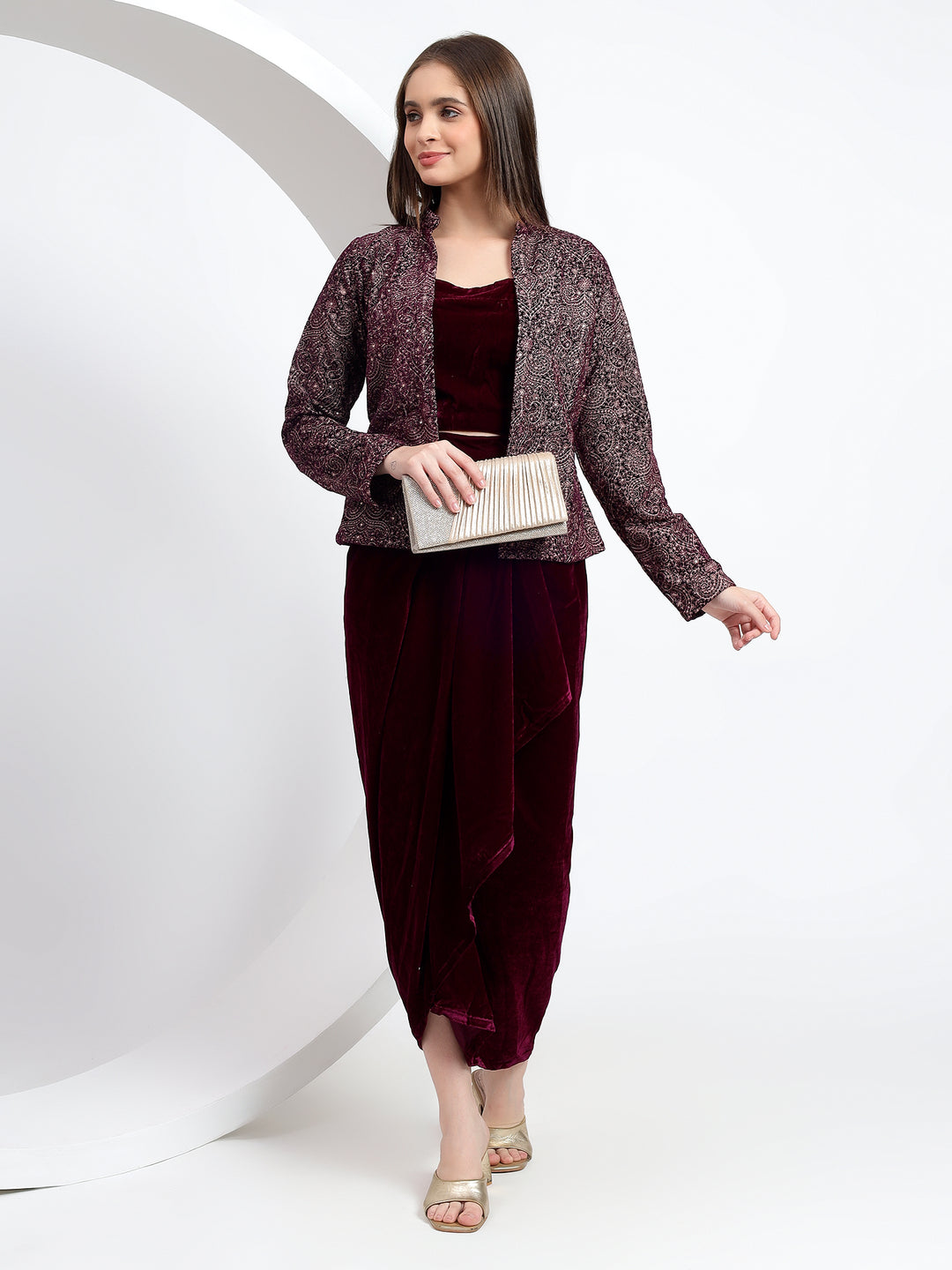 Wine Velvet Drape Skirt with velvet emb cape set