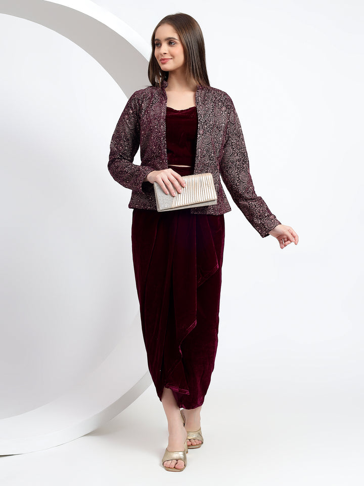 Wine Velvet Drape Skirt with velvet emb cape set