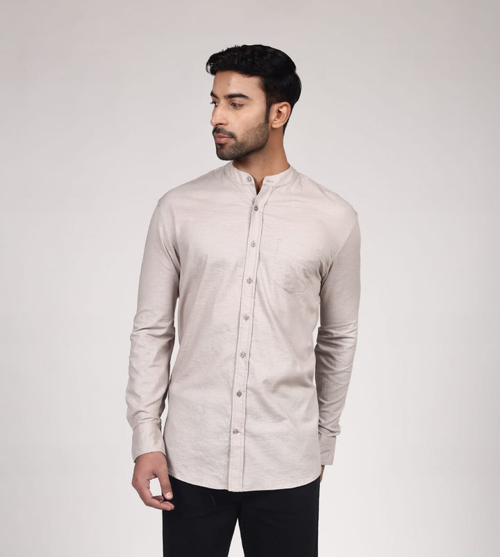 Linen Mandarin Collar Shirt - Grey