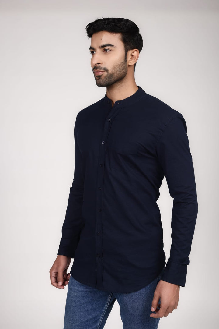 Linen Mandarin Collar Shirt - Navy Blue