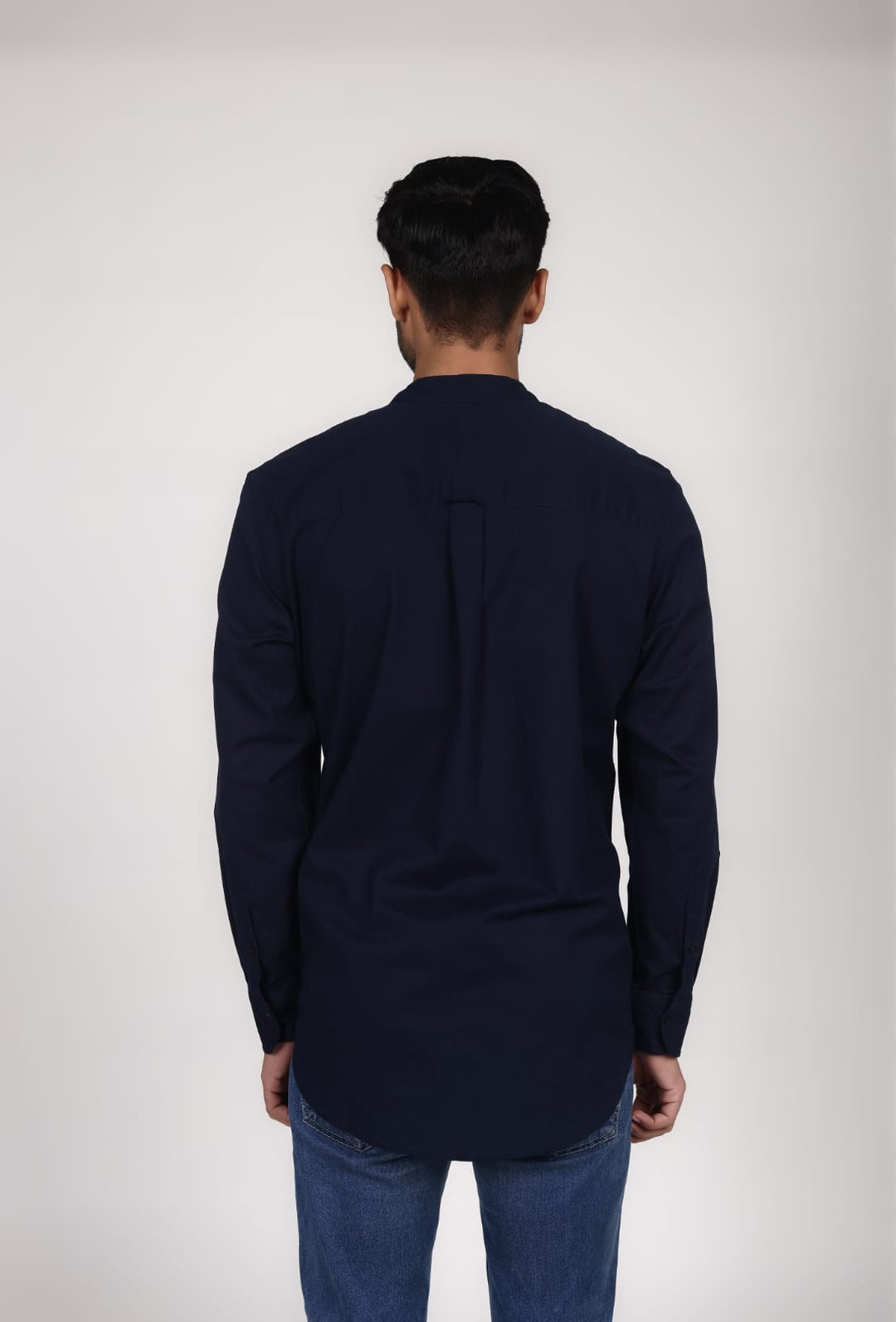 Linen Mandarin Collar Shirt - Navy Blue